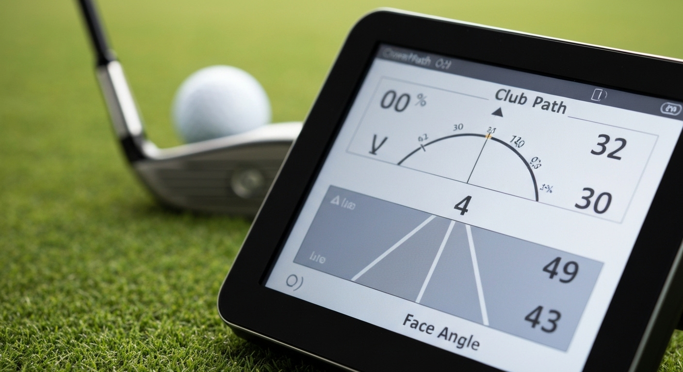 TrackManの画面に表示されたクラブパスとフェースアングルのデータ。スイングの軌道とフェースの向きを数値で示している。
