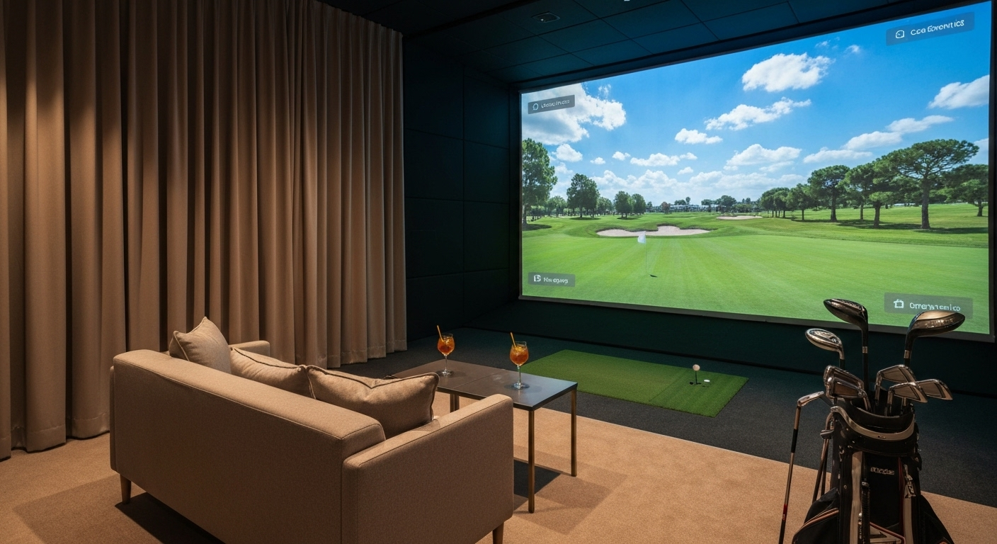 ラグジュアリーなソファと大型スクリーンが設置されたシミュレーションゴルフの快適な完全個室