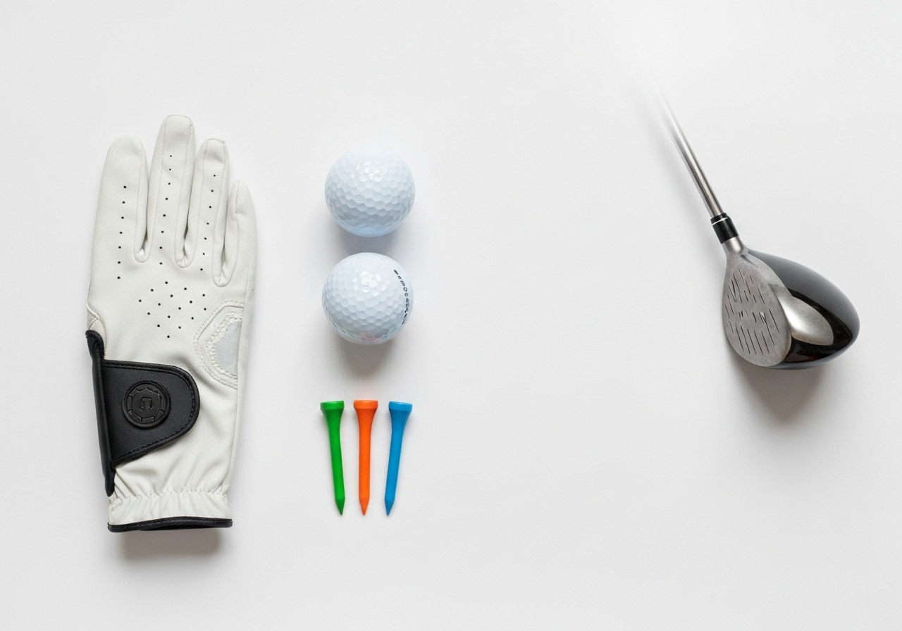 ゴルフ初心者が最初に揃えるべきゴルフグローブ、ボール、ティーなどのゴルフ用品一式。