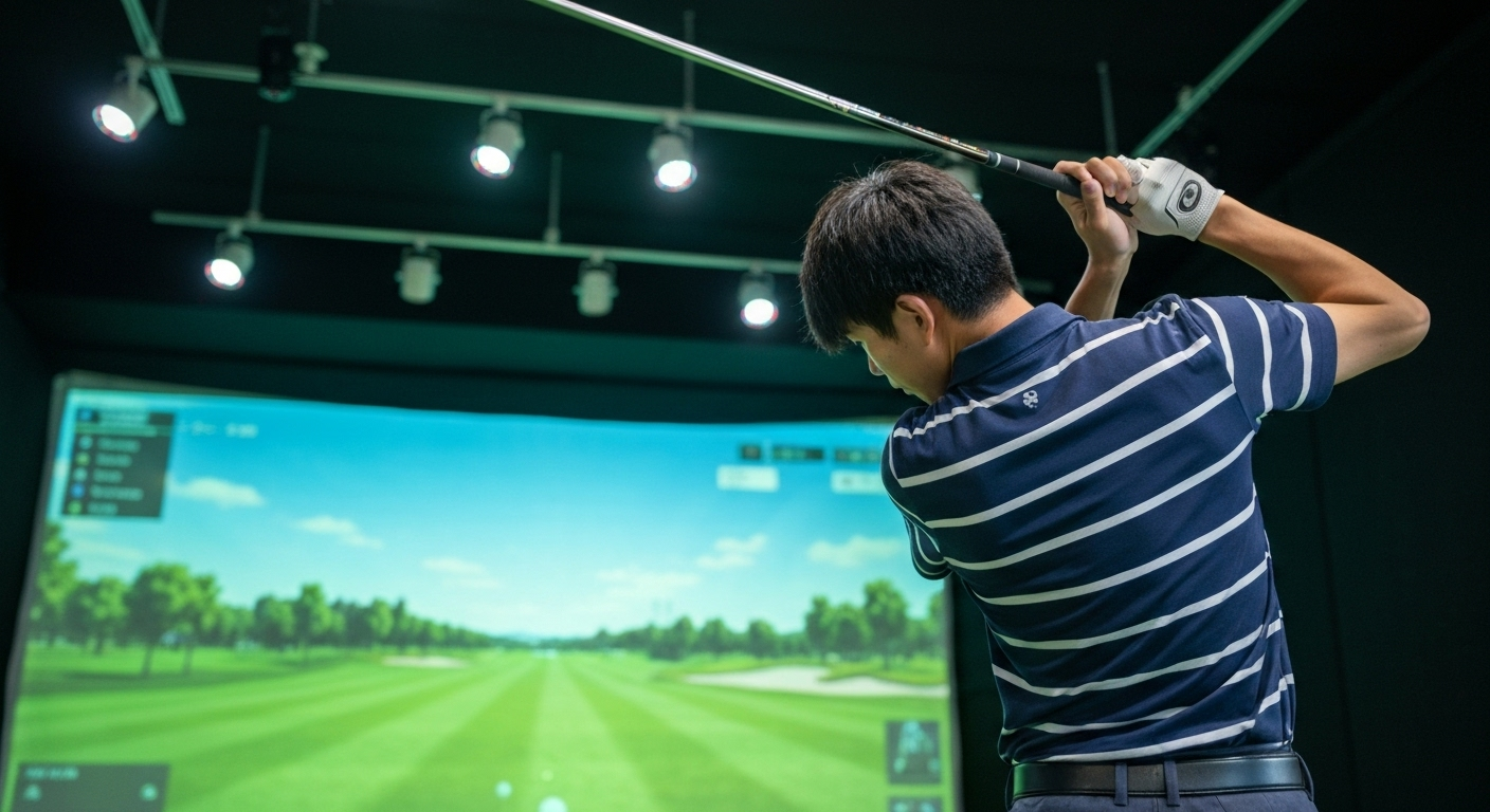 シミュレーションゴルフのスクリーンに向かってスイングする男性。センサーがスイングを読み取っている様子がわかる。