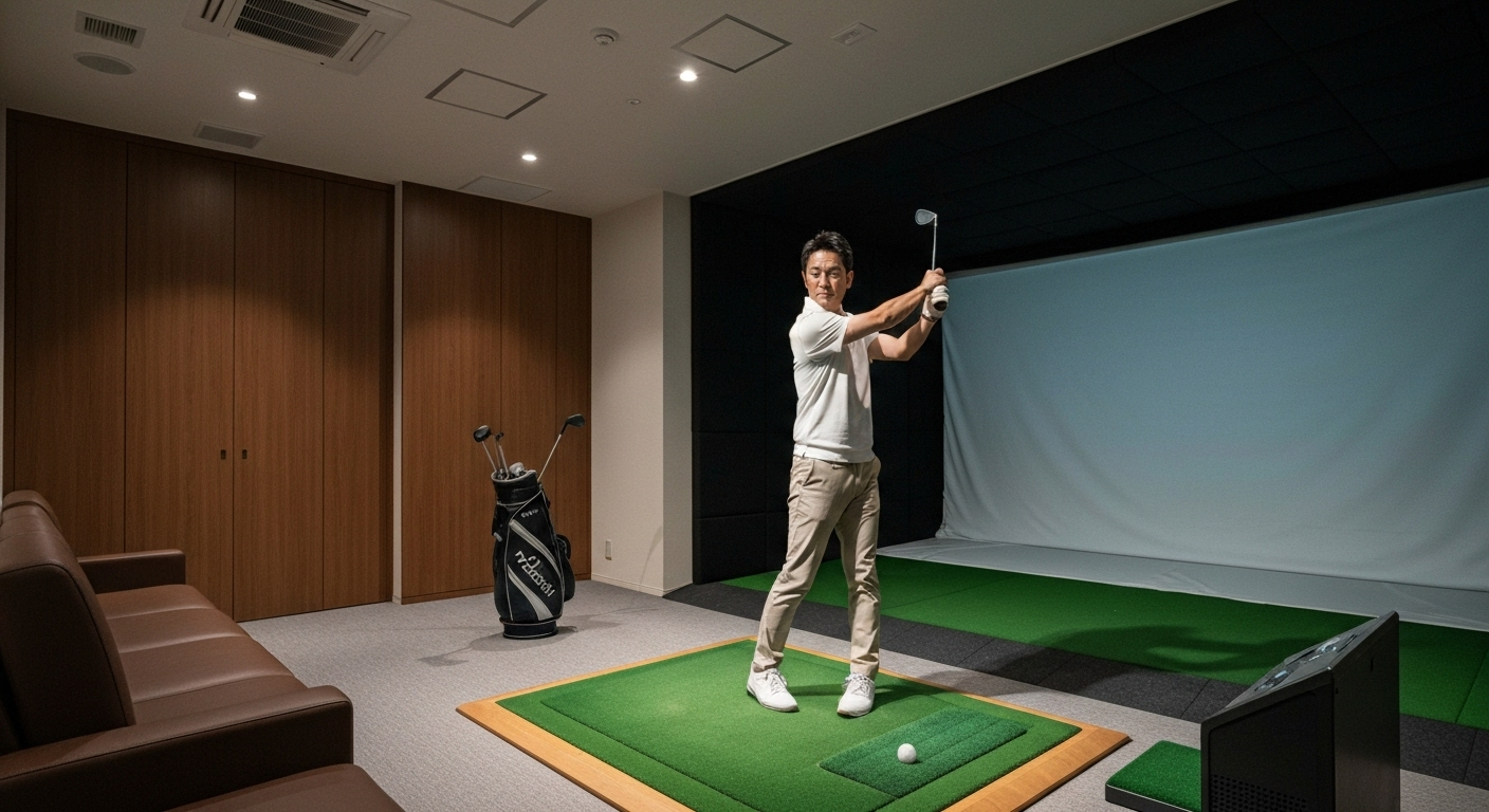 19TH GOLFの完全個室で、周りを気にせず自分のスイングに集中する男性ゴルファー。