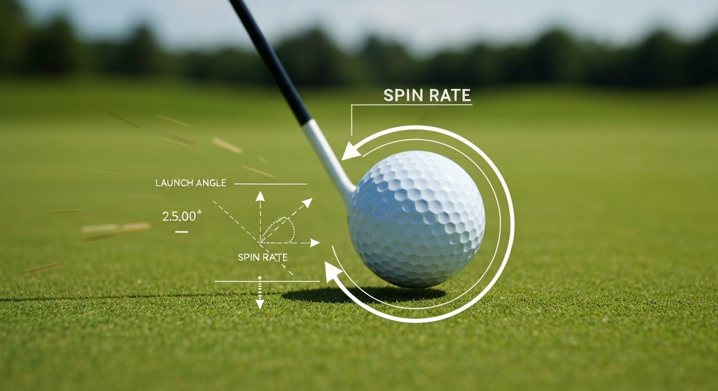インパクト直後のゴルフボールと、打ち出し角とスピン量を表すグラフィック。ボールデータが飛距離に影響することを示している。
