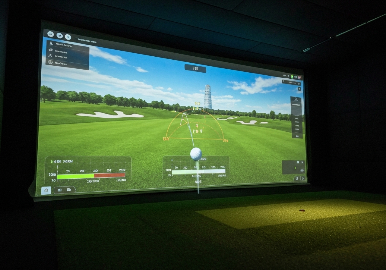 プロ仕様の最新シミュレーターに表示されるリアルなゴルフコースとボールの弾道データ
