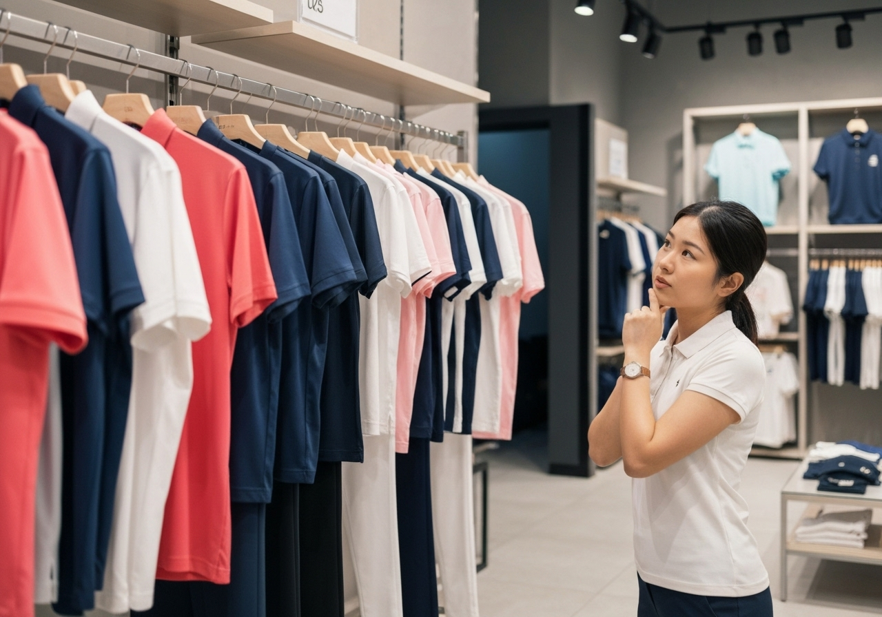 スポーツ用品店でゴルフウェアを選んでいる女性。最初は手持ちの服でも代用可能であることを示唆している。