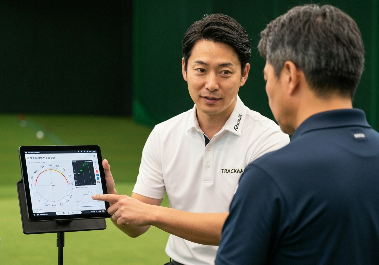 ゴルフインストラクターが、スライスに悩む生徒にTrackManのデータを見せながら原因を解説している。