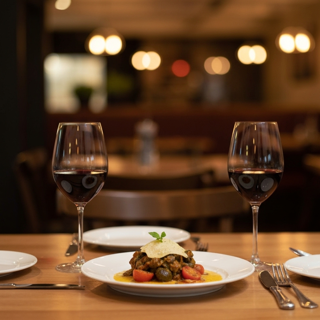 デートのディナーにぴったりな雰囲気の良いレストランのテーブルに並んだ美味しい料理とワイン