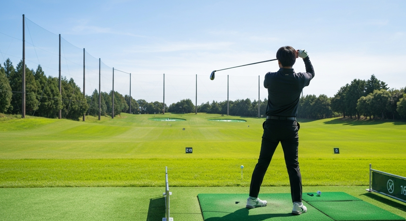 晴れた日に屋外の打ちっぱなし練習場で爽快にゴルフスイングをする男性の後ろ姿。