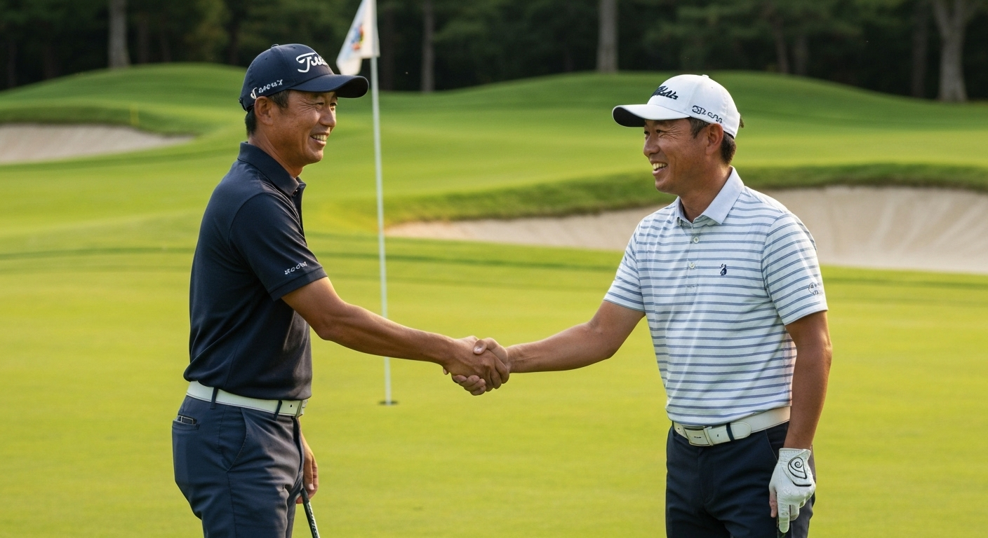 ゴルフコースでプレー後に握手をする2人の男性。ゴルフマナーの重要性を示している。