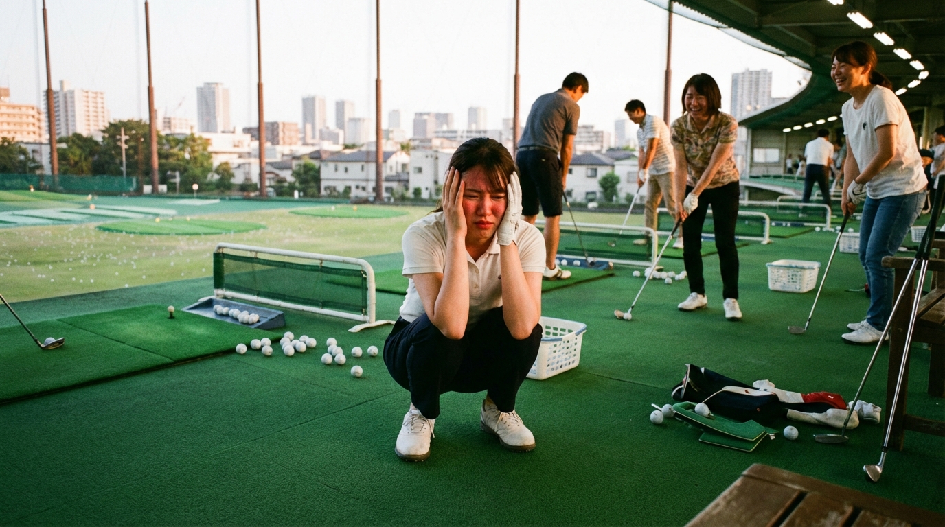 ゴルフ練習場でミスショットをして恥ずかしそうに頭を抱える女性