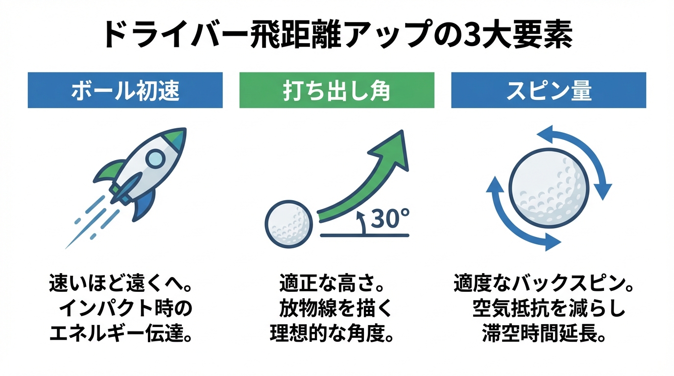 ドライバーの飛距離を決定づける3つの重要な要素「ボール初速」「打ち出し角」「スピン量」を分かりやすく図解したインフォグラフィック。