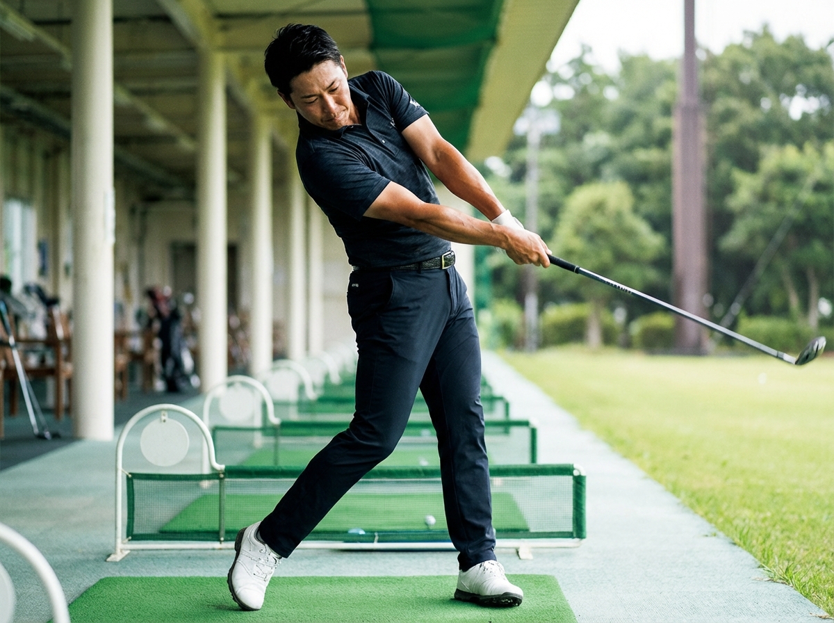 下半身リードを習得するため、左足を踏み込みながらダイナミックにスイングするステップ打ちドリルを実践する男性。