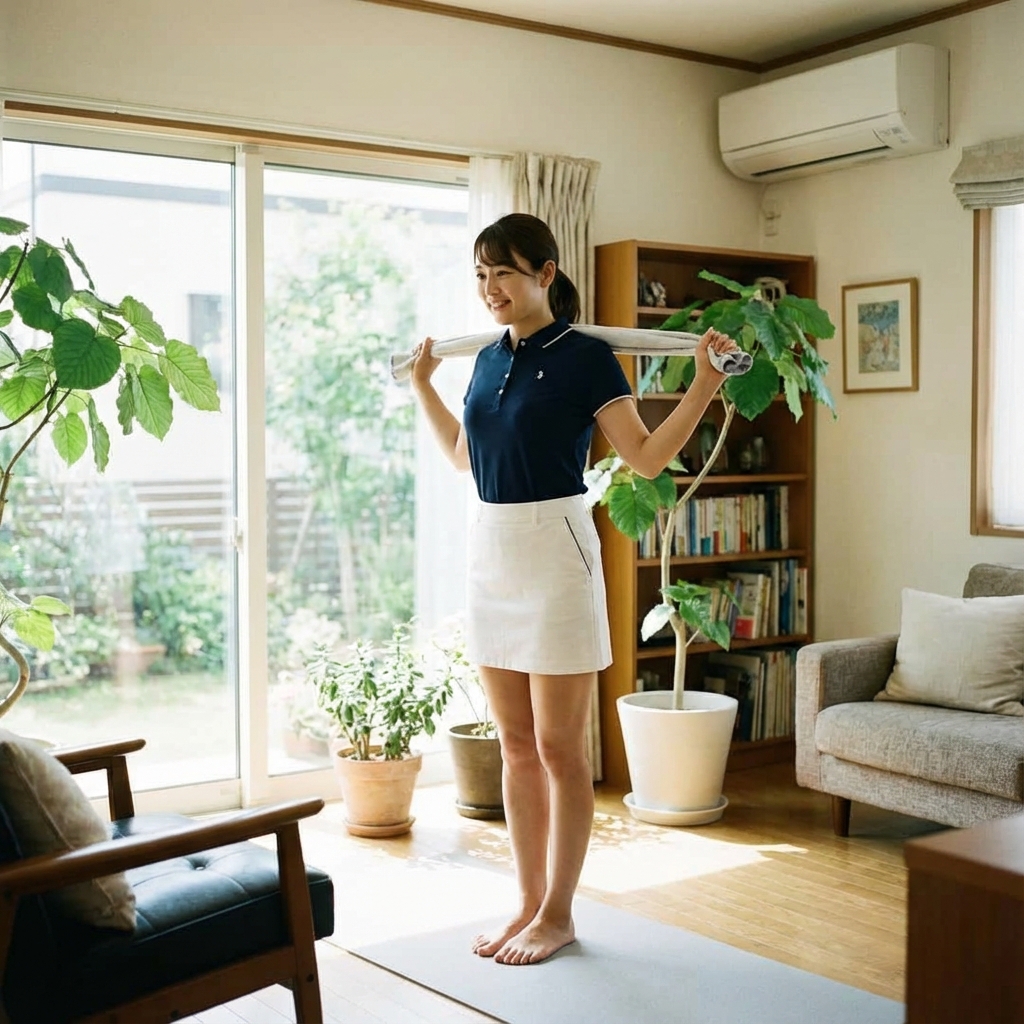 スイングの可動域を広げるために、タオルを使って肩甲骨周りの柔軟性を高めるストレッチを行う女性ゴルファー。