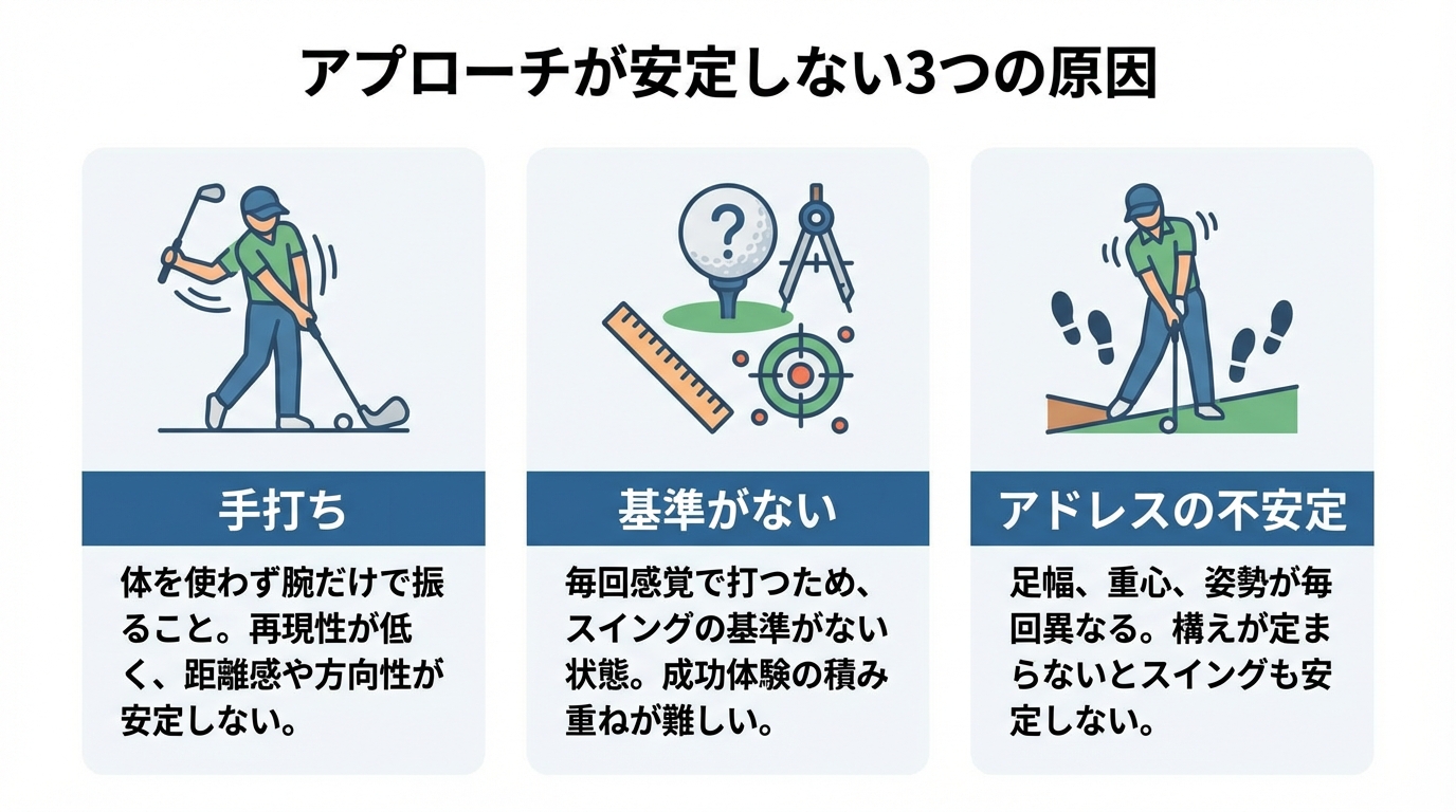 ゴルフアプローチが安定しない3つの原因「手打ち」「基準がない」「アドレスの不安定」を図解したインフォグラフィック。