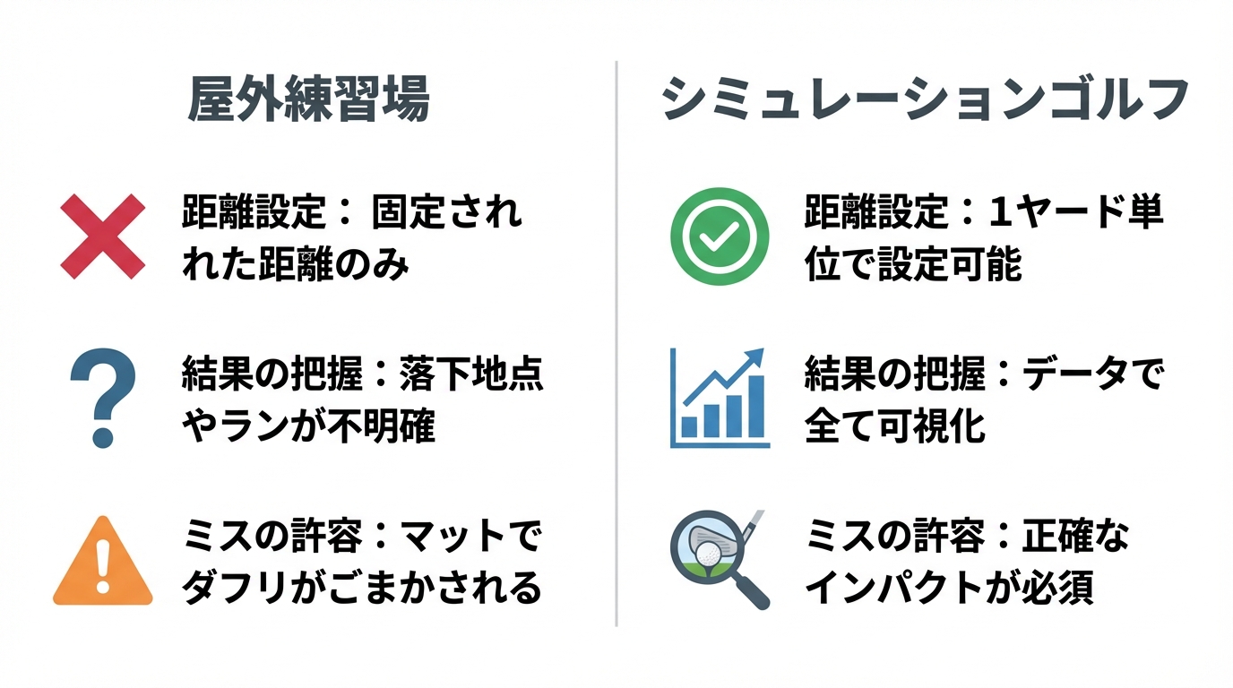 アプローチ練習における屋外練習場とシミュレーションゴルフのメリット・デメリットを比較した図解