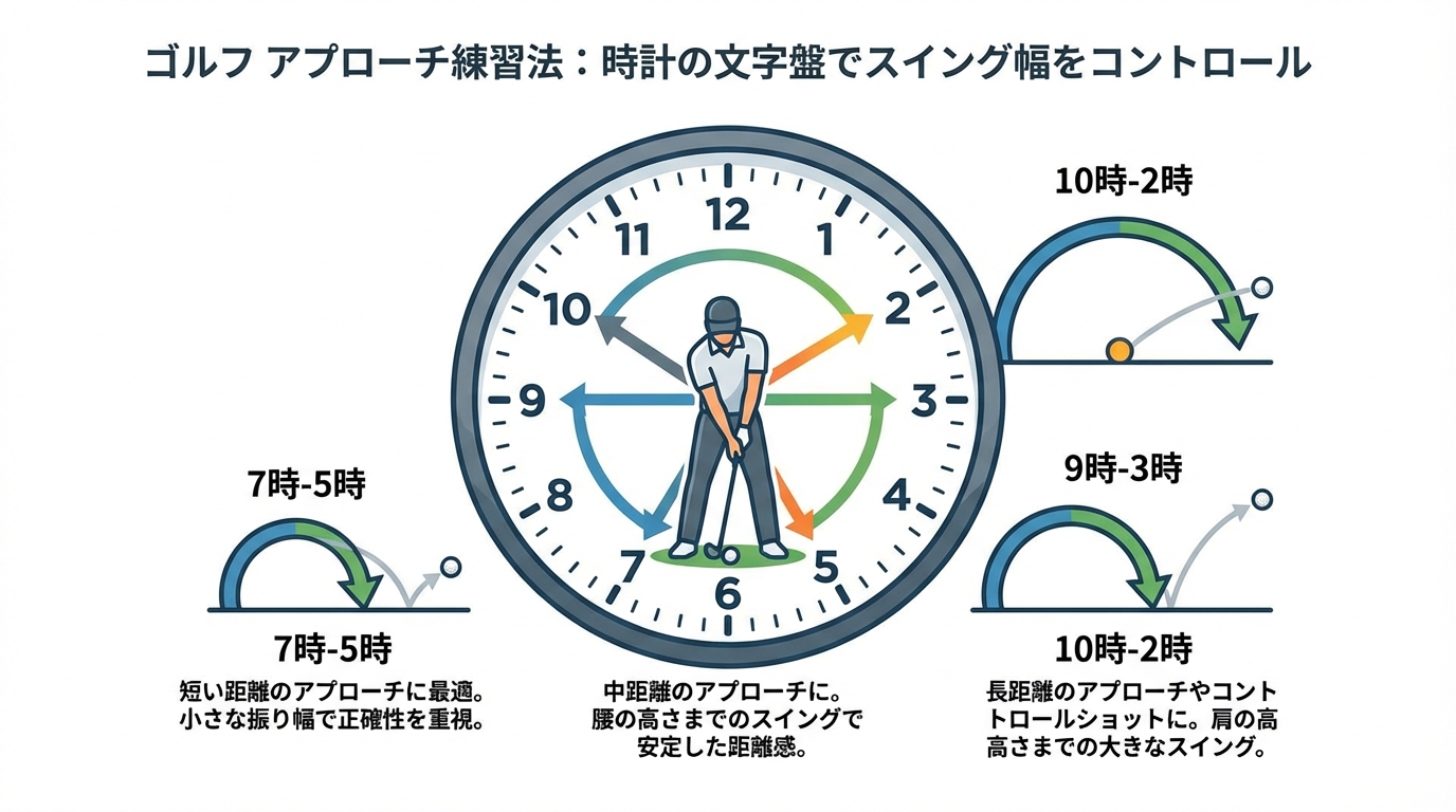 時計の文字盤をイメージしたアプローチの振り幅練習法の図解。「7時-5時」「9時-3時」「10時-2時」の3段階を示している。
