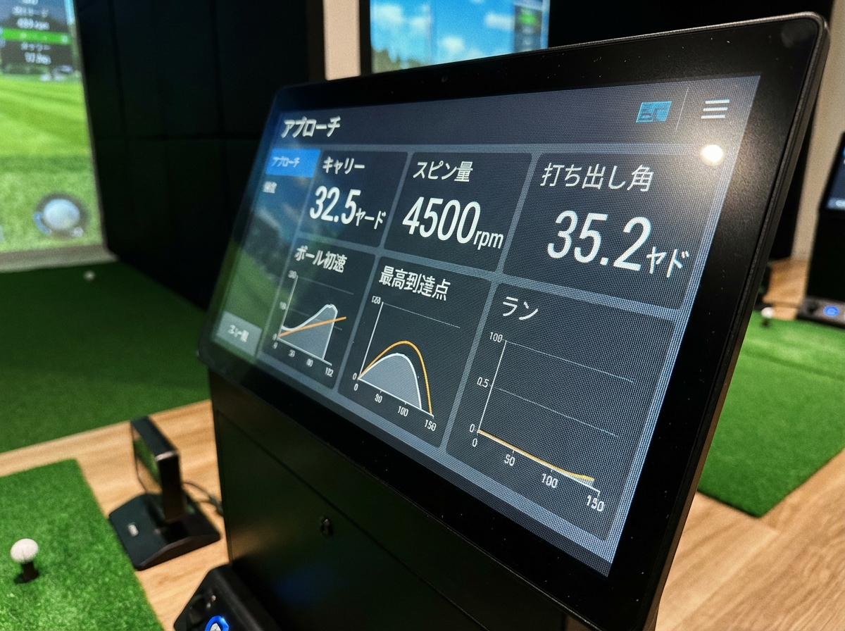 ゴルフシミュレーターに表示されたアプローチショットの弾道データ。キャリーやスピン量などの数値が確認できる。