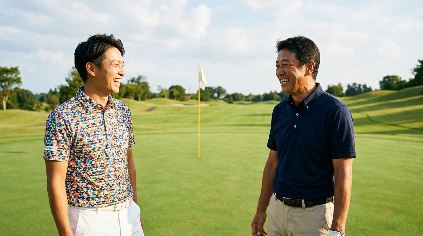 ゴルフコースでおしゃれなゴルフウェアを着て笑顔で話す30代と50代の男性