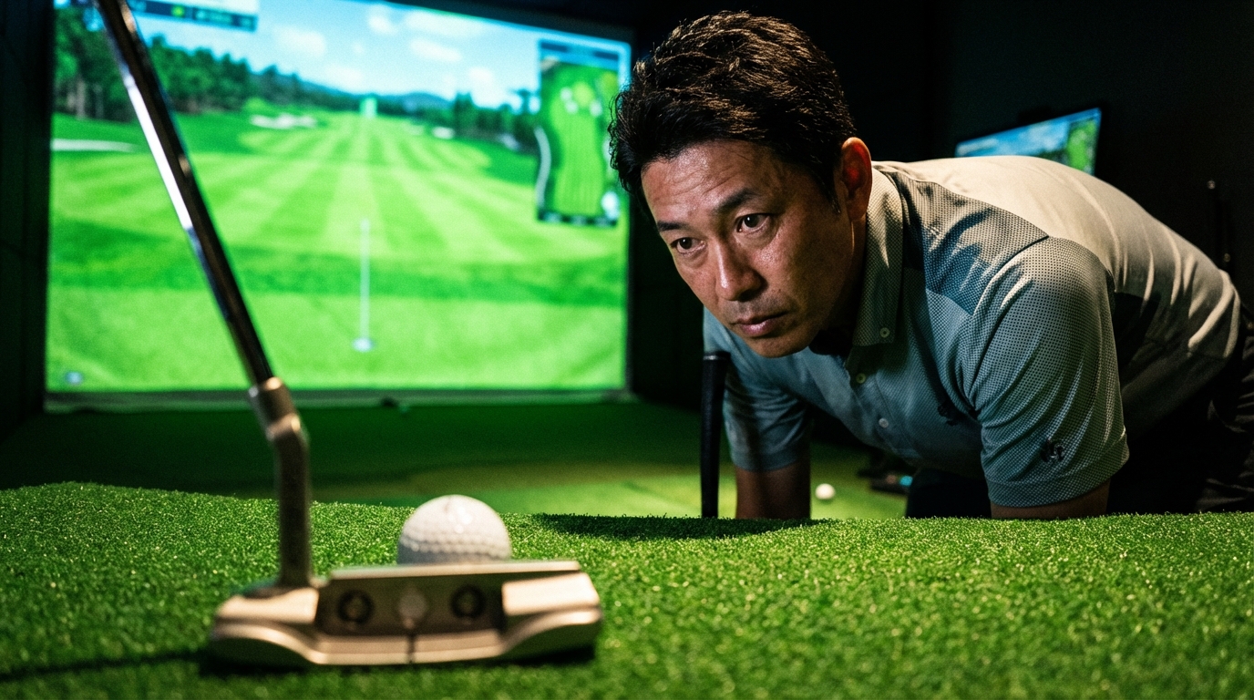 シミュレーションゴルフのスクリーンに向かってパターの練習をする男性。3パット撲滅を目指している。
