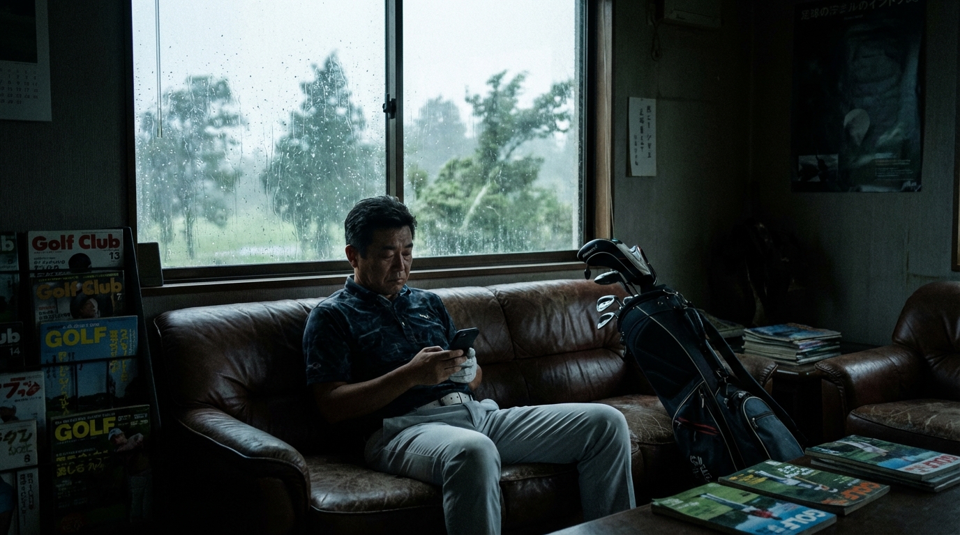 雨でゴルフが中止になり、リビングでがっかりしている男性ゴルファーの様子。