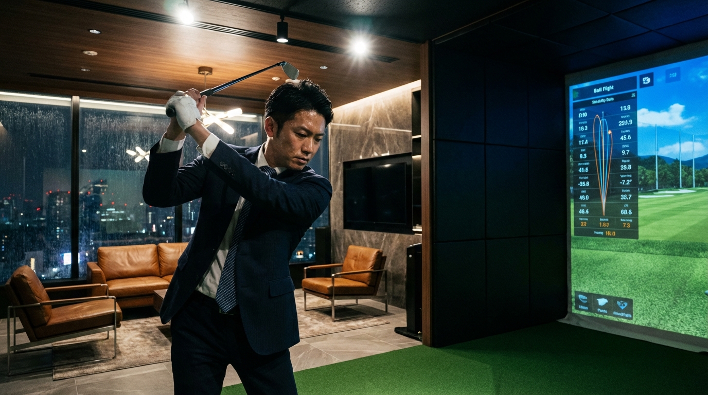 深夜の24時間インドアゴルフ施設で、仕事帰りの男性が集中してスイング練習をしている様子。