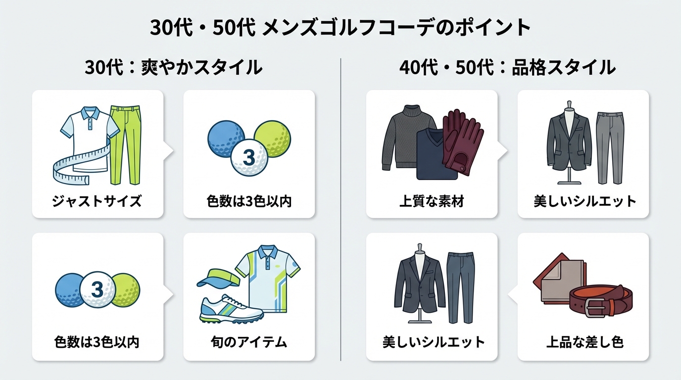 30代と50代のメンズゴルフウェアコーディネートのポイントを比較した図解