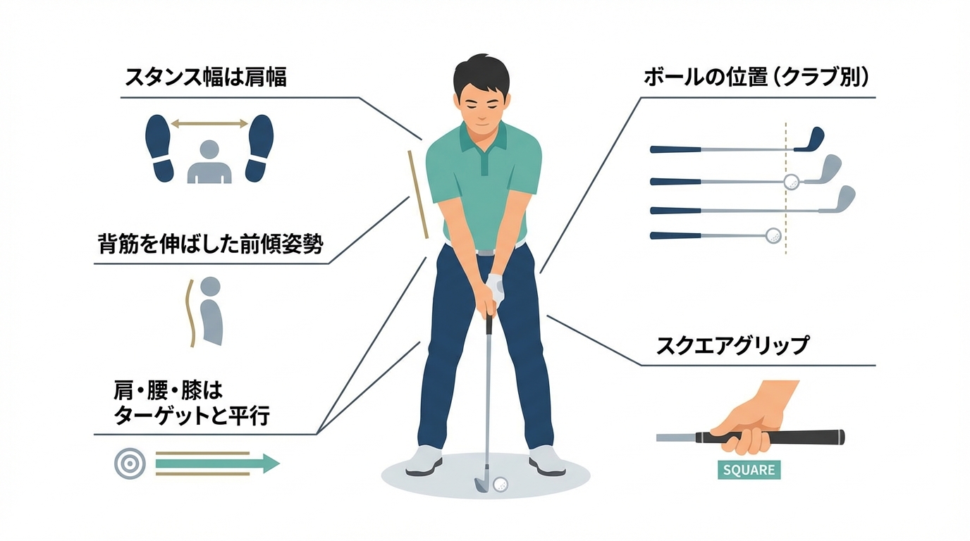 ゴルフの正しいアドレスのフォームを解説する図解。スタンス幅、ボールの位置、前傾姿勢、グリップ、体のラインという5つのチェックポイントが示されている。