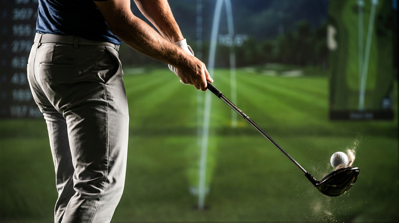 ゴルフスイングにおけるハンドファーストでのインパクトの瞬間。クラブがボールを力強く捉えている様子。