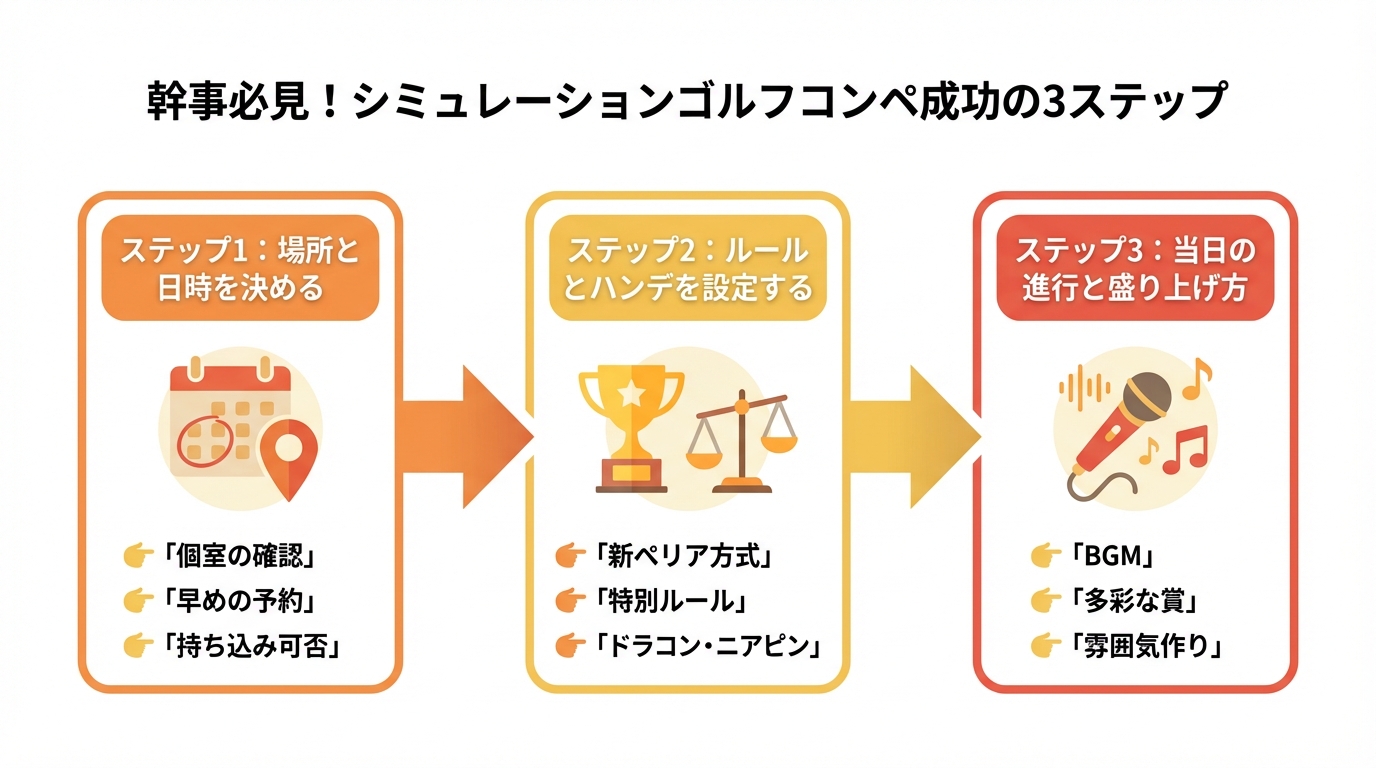 シミュレーションゴルフコンペを成功させるための3つのステップを示した図解。場所決め、ルール設定、当日の進行という流れを解説している。