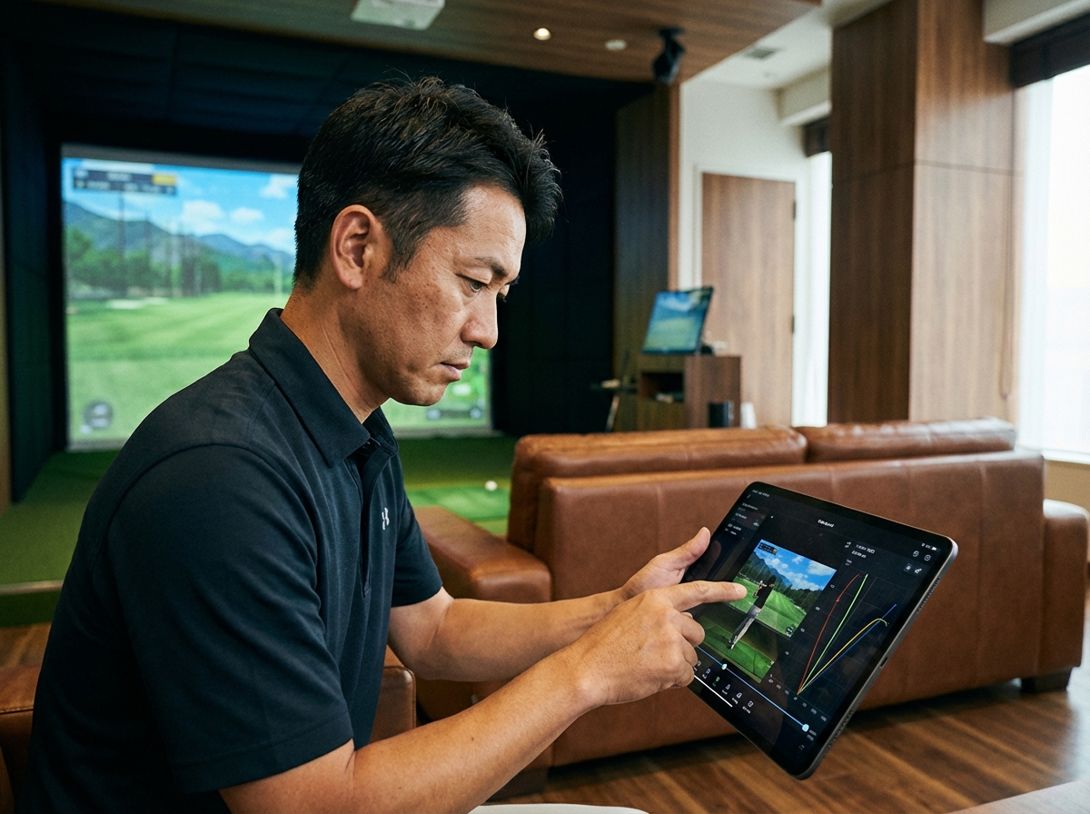 ゴルフシミュレーターで自分のスイング動画をタブレットで分析する男性。客観的なデータに基づきフォームを修正している。