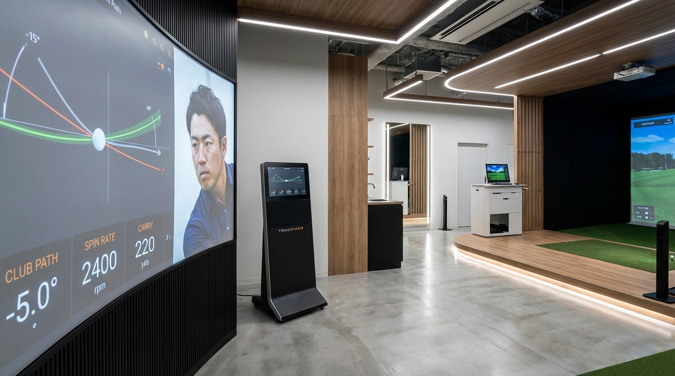 TrackManの画面に表示されたクラブパスのデータを見つめ、自身のスイングを分析するゴルファー。