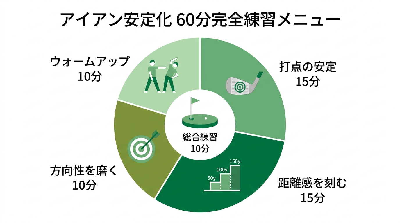アイアンを安定させるための60分練習メニューを図解したインフォグラフィック。ウォームアップ、打点、距離感、方向性、総合練習の時間配分が示されている。