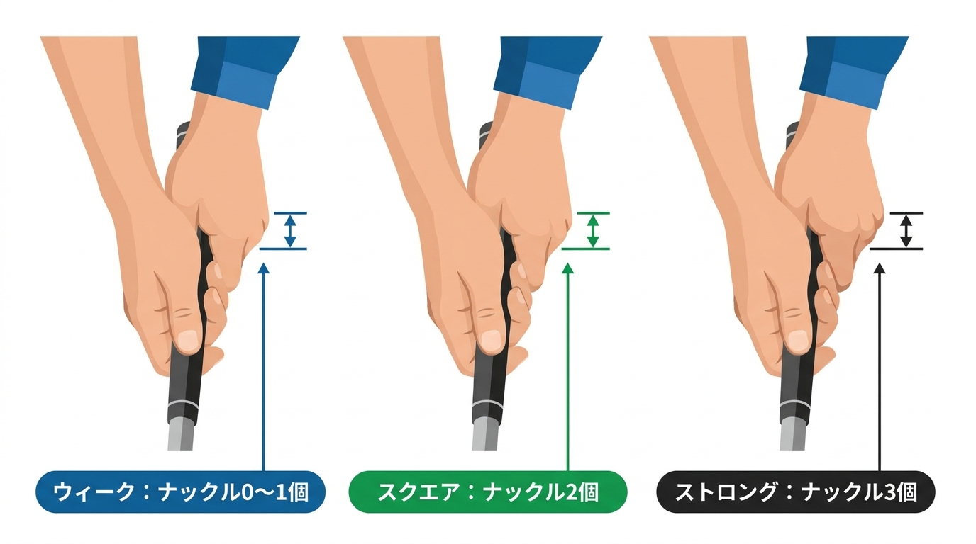 ゴルフのグリップ3種類（ウィーク、スクエア、ストロング）を比較する図解。それぞれの握り方での左手ナックルの見え方の違いを示している。