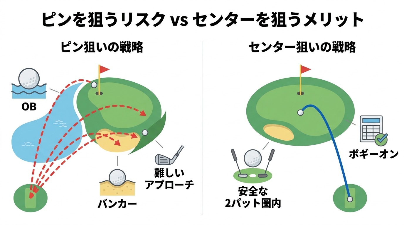 ゴルフのコースマネジメントにおけるピン狙いとセンター狙いの戦略比較図解。ピンを狙うリスクとセンターを狙うメリットを視覚的に解説。