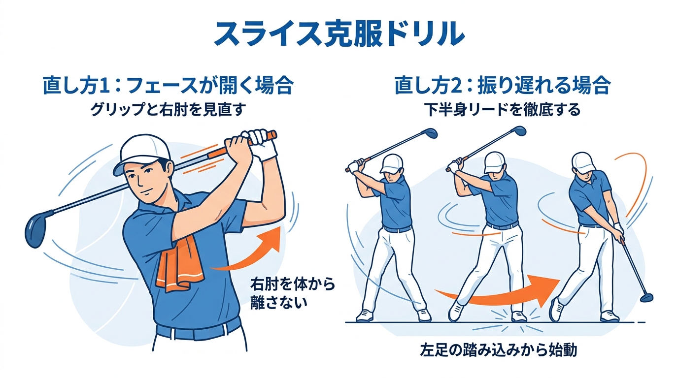 ドライバーのスライスを直すための2つの練習ドリルの図解。フェースが開く場合の対策として右脇にタオルを挟むドリルと、振り遅れ対策としてステップ打ちドリルを紹介している。