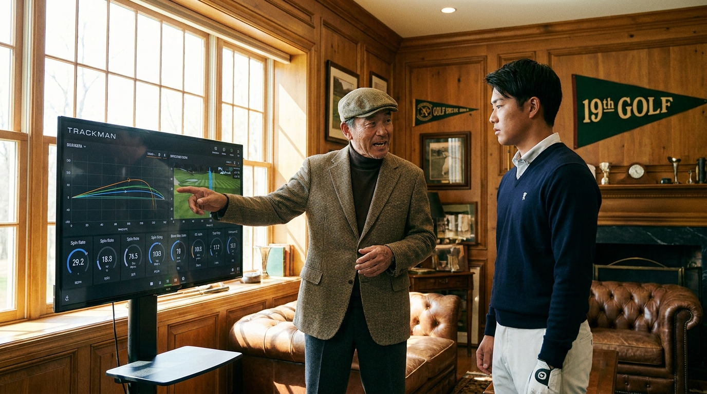TRACKMANの客観的データに基づき、プロのコーチからマンツーマンで指導を受けるゴルファー。