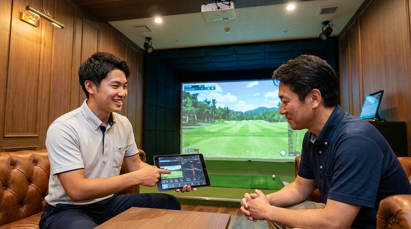 19thGOLFのインストラクターが、シミュレーターのデータを用いて受講者のスイング課題を科学的に分析し、アドバイスしている様子。